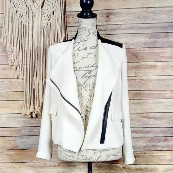 RevolveGeneration Love White & Black Faux Leather Trim Moto Style Jacket